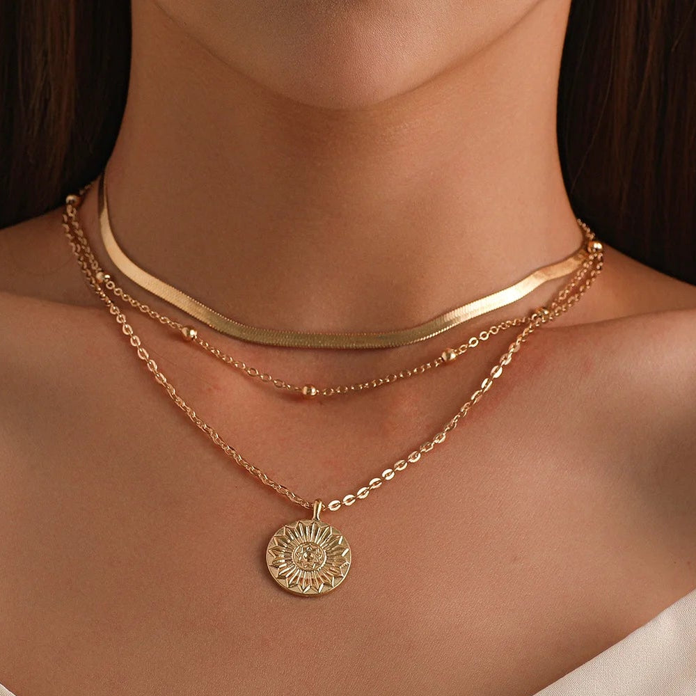 Layered floral pendant herringbone dainty necklaces stack 730094