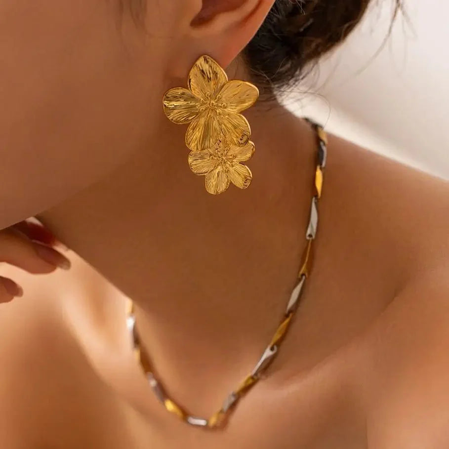 Layered Hibiscus Flower Floral Earrings