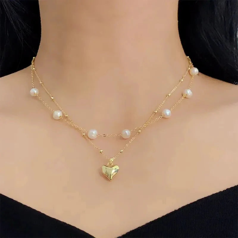 Layered pearl and heart chain necklace 328199