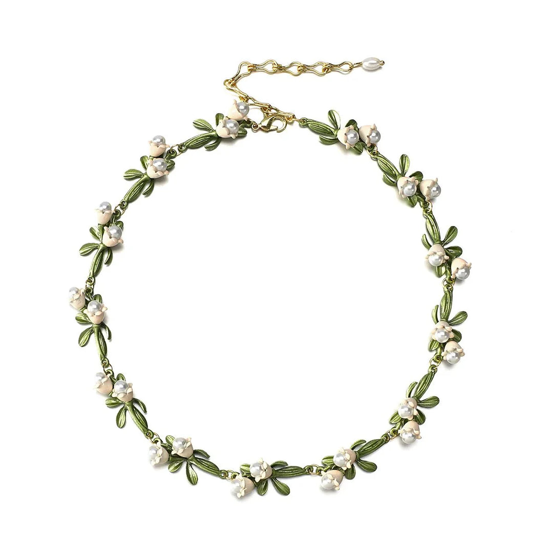 Lily of the Valley Pearl Choker Necklace, Bracelet, and Earrings Set