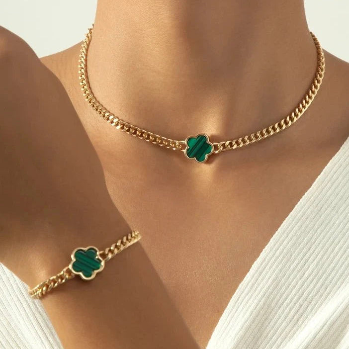 Lucky clover cuban chain necklace and bracelet set 139804