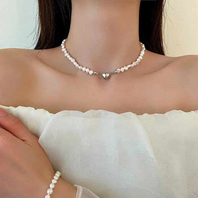 Magnetic heart pearl choker necklace and bracelet 546469