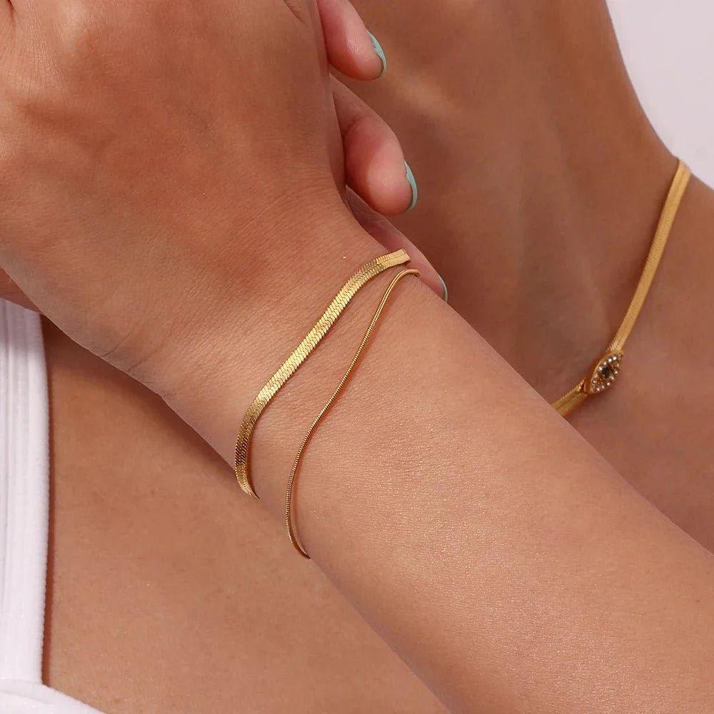 Minimal herringbone & dainty snake chain layered bracelet