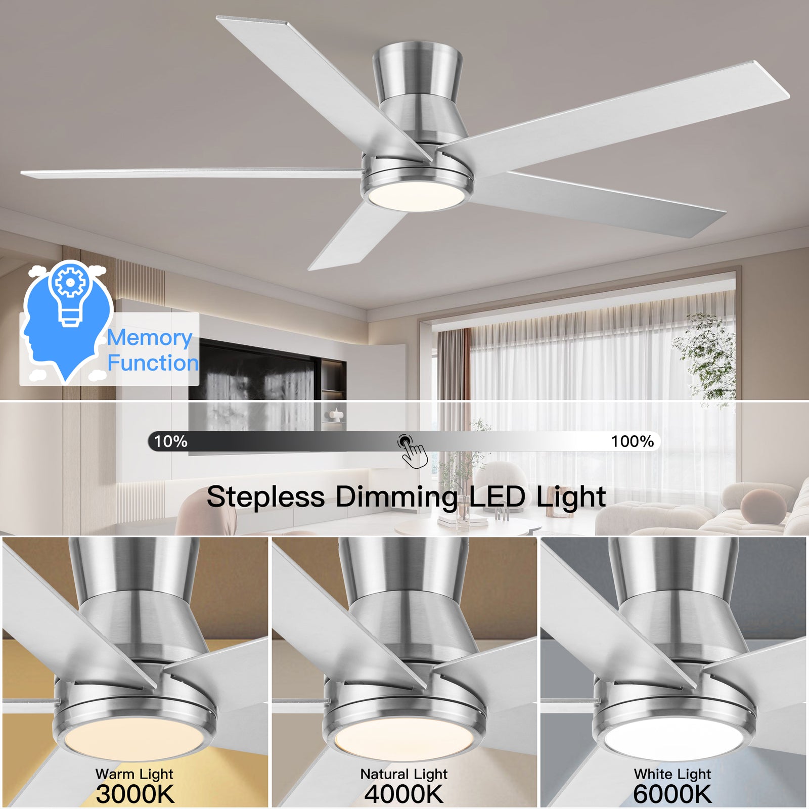 Nøordka Ceiling Fan Fixture Default 52" Modern Sleek Brushed Nickel Ceiling Fan With Light