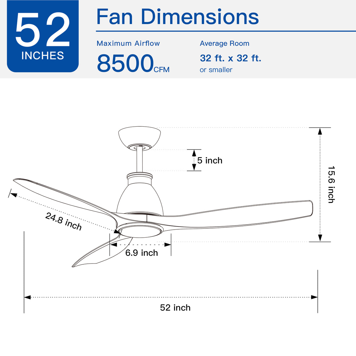 Nøordka Ceiling Fan Fixture Default 52" Modern Sleek White Ceiling Fan with Light