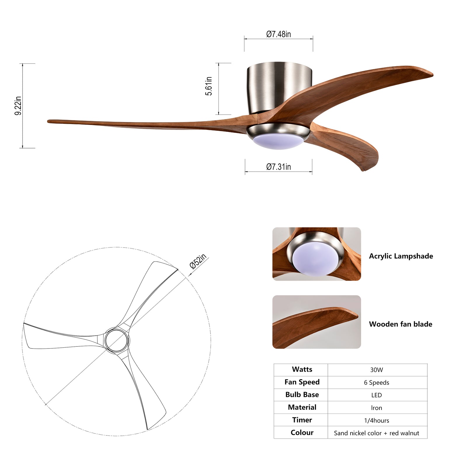 Nøordka Ceiling Fan Fixture Default 52" Nordic Inspired Nickel Ceiling Fan With Light