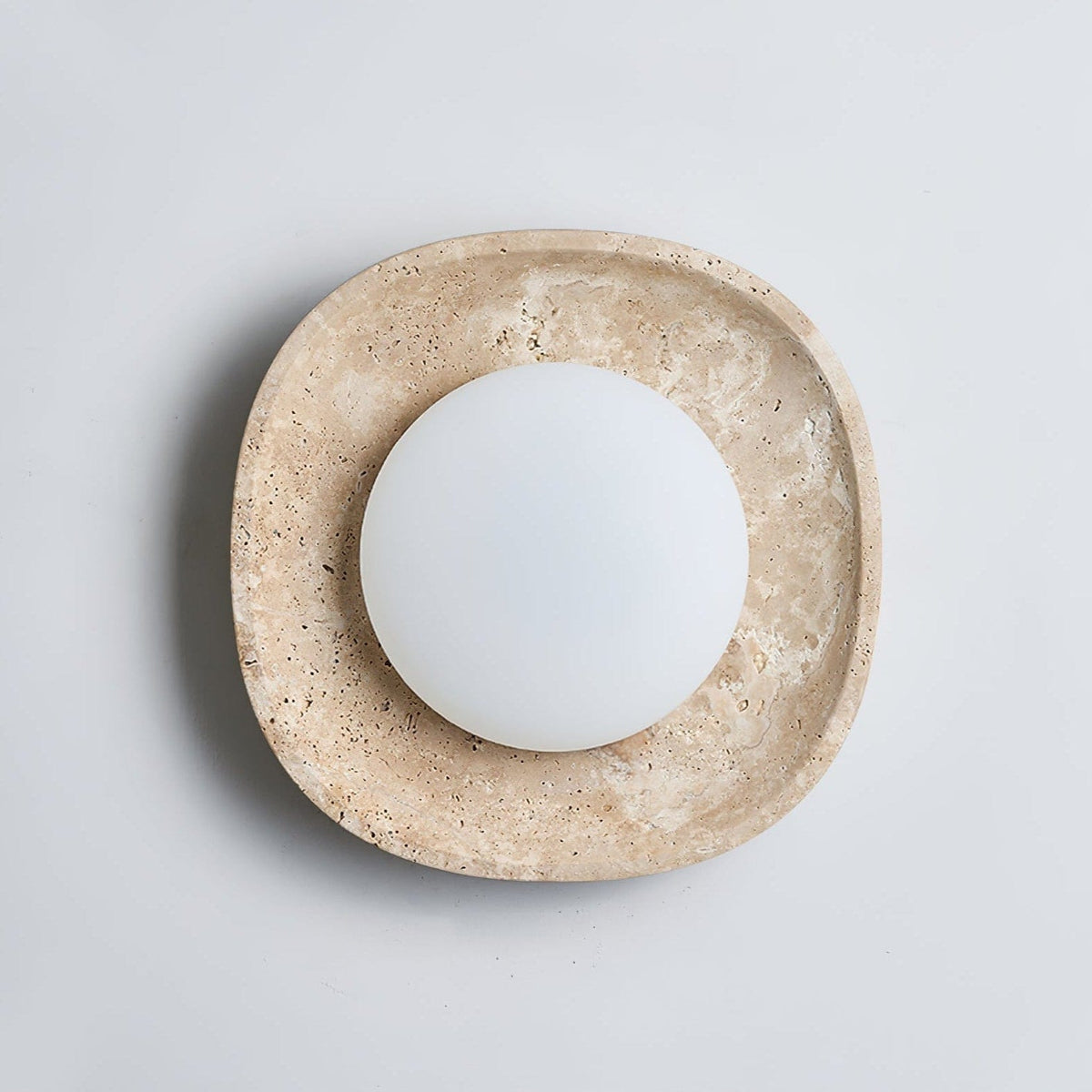 Nøordka Light Bespoke Wall Light Fixture ∅ 11.0″ x Depth 3.4″ / Yellow Travertine &amp; White / Warm Light Travertine Rounded Square Contemporary Wall Light