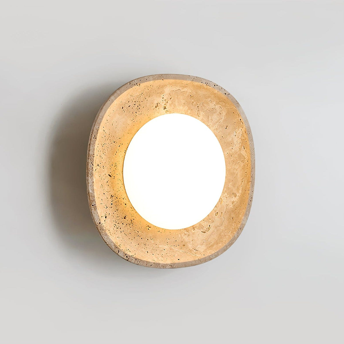 Nøordka Light Bespoke Wall Light Fixture ∅ 11.0″ x Depth 3.4″ / Yellow Travertine &amp; White / Warm Light Travertine Rounded Square Contemporary Wall Light