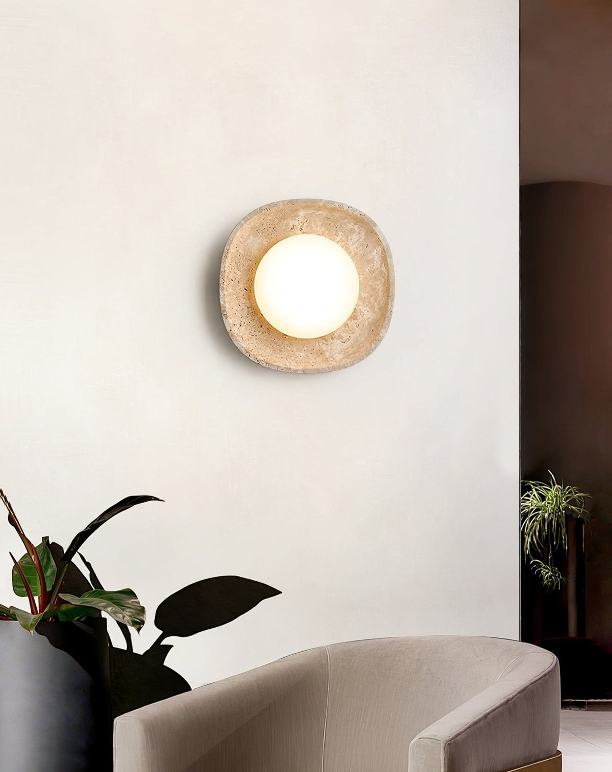 Nøordka Light Bespoke Wall Light Fixture ∅ 11.0″ x Depth 3.4″ / Yellow Travertine &amp; White / Warm Light Travertine Rounded Square Contemporary Wall Light