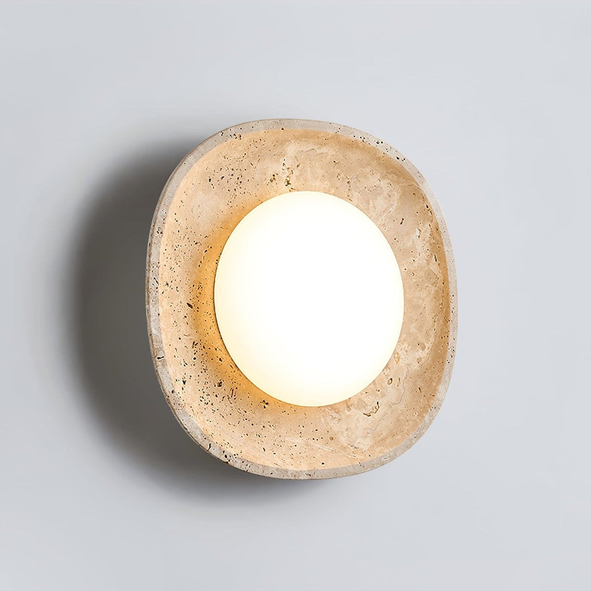 Nøordka Light Bespoke Wall Light Fixture ∅ 11.0″ x Depth 3.4″ / Yellow Travertine &amp; White / Warm Light Travertine Rounded Square Contemporary Wall Light