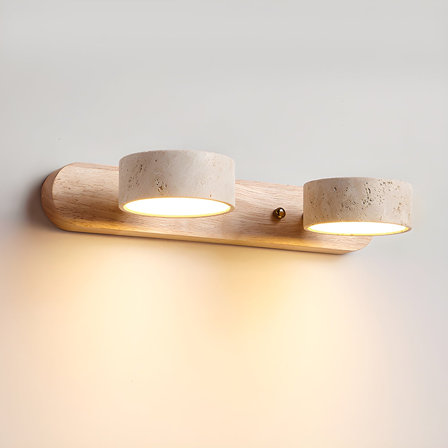 Nøordka Light Bespoke Wall Light Fixture 2-Lights: ∅ 12.6″ x H 2.4″ / Wood Color / Warm Light Travertine Stone Nordic Inspired Wall Light