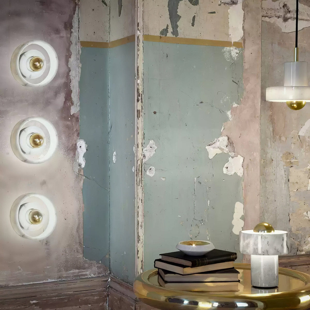 Nøordka Light Bespoke Wall Light Fixture ∅ 7.1″ x H 4.3″ / Gold &amp; White / Warm Light Marble Concentric Disc Contemporary Wall Lamp