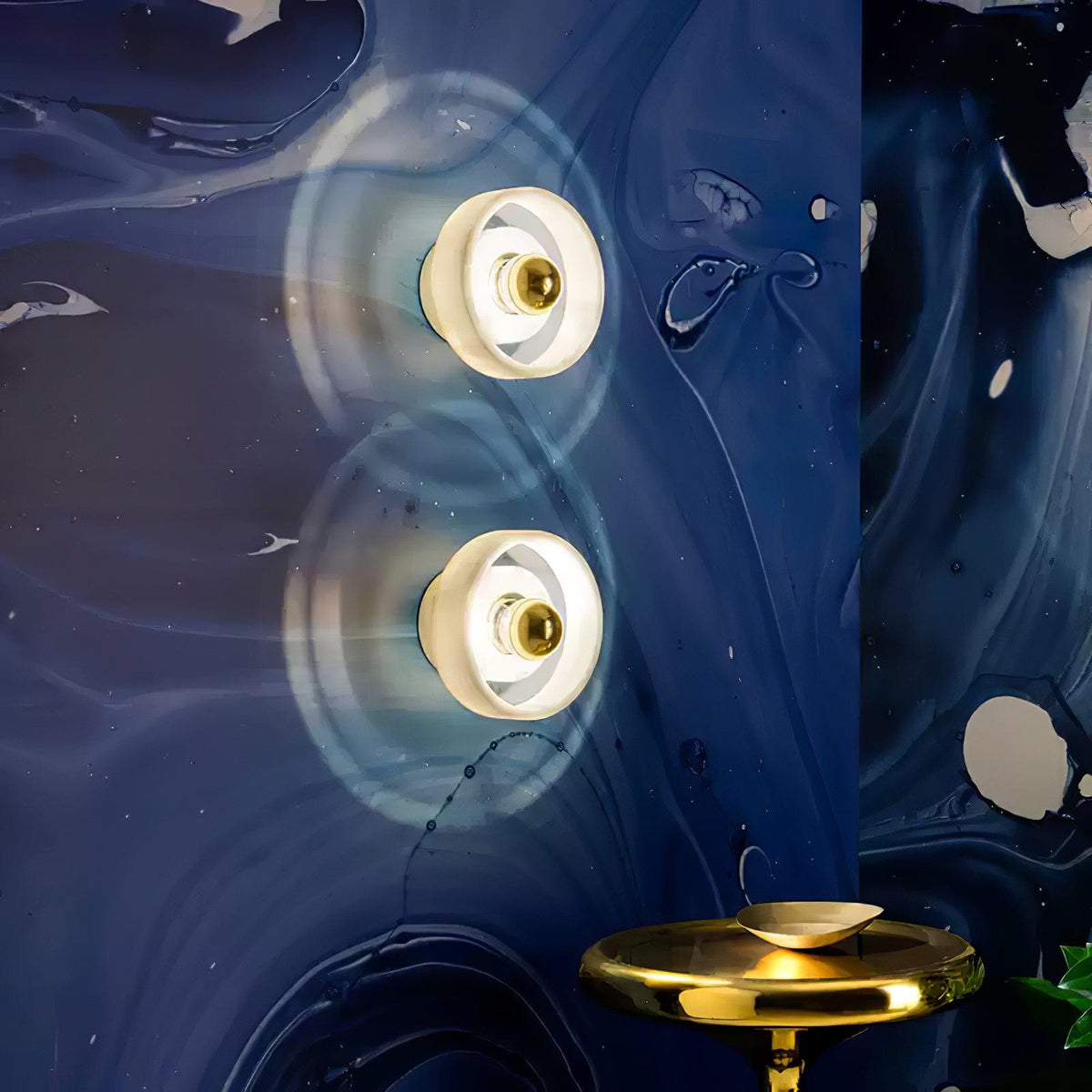 Nøordka Light Bespoke Wall Light Fixture ∅ 7.1″ x H 4.3″ / Gold &amp; White / Warm Light Marble Concentric Disc Contemporary Wall Lamp