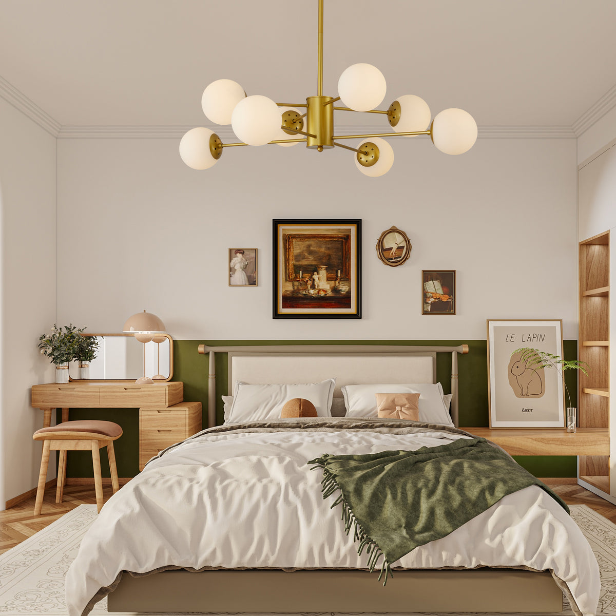 Nøordka Light Ceiling Light Fixtures Default Modern 8-Light Gold Opal Chandelier with White Glass Globe Shades
