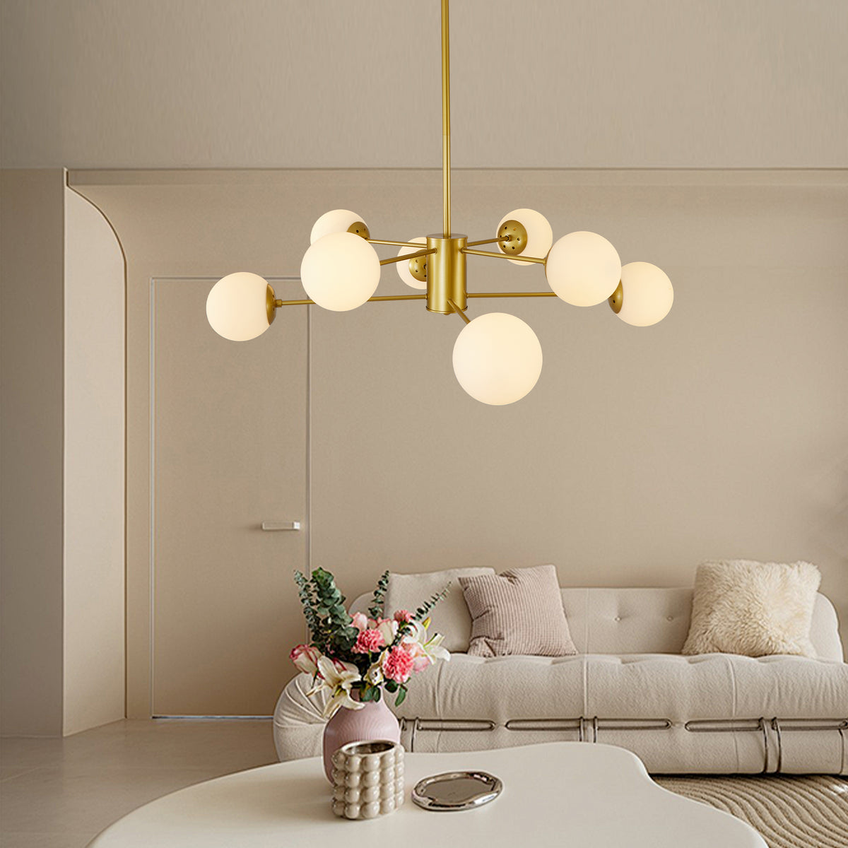Nøordka Light Ceiling Light Fixtures Default Modern 8-Light Gold Opal Chandelier with White Glass Globe Shades