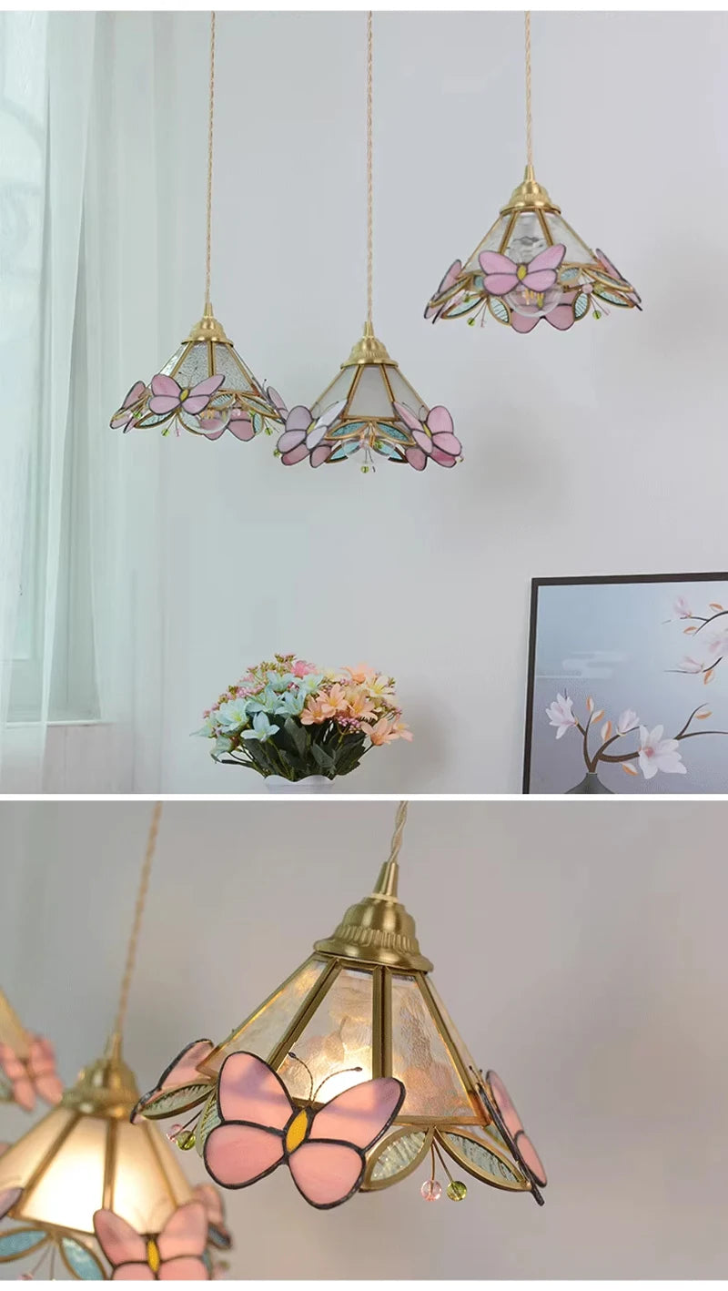 Nøordka Light Ceiling Light Fixtures French Hand Soldered Glass Pendant Light and Pink Butterfly Design