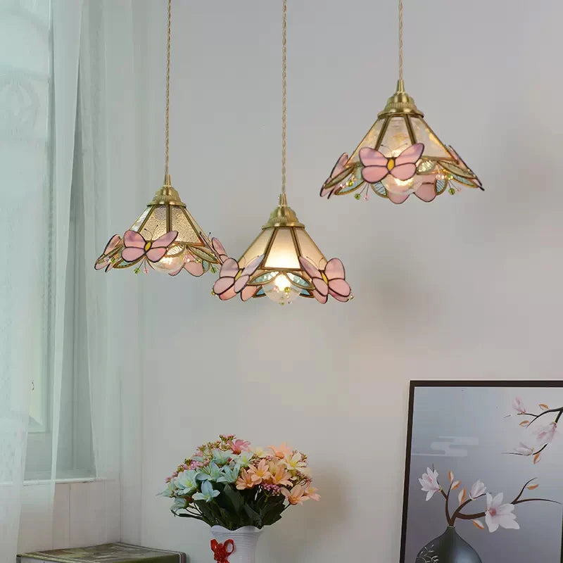 Nøordka Light Ceiling Light Fixtures French Hand Soldered Glass Pendant Light and Pink Butterfly Design