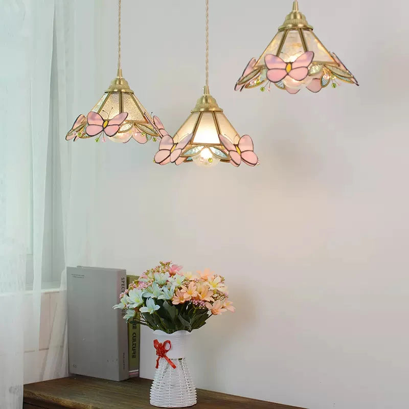 Nøordka Light Ceiling Light Fixtures French Hand Soldered Glass Pendant Light and Pink Butterfly Design