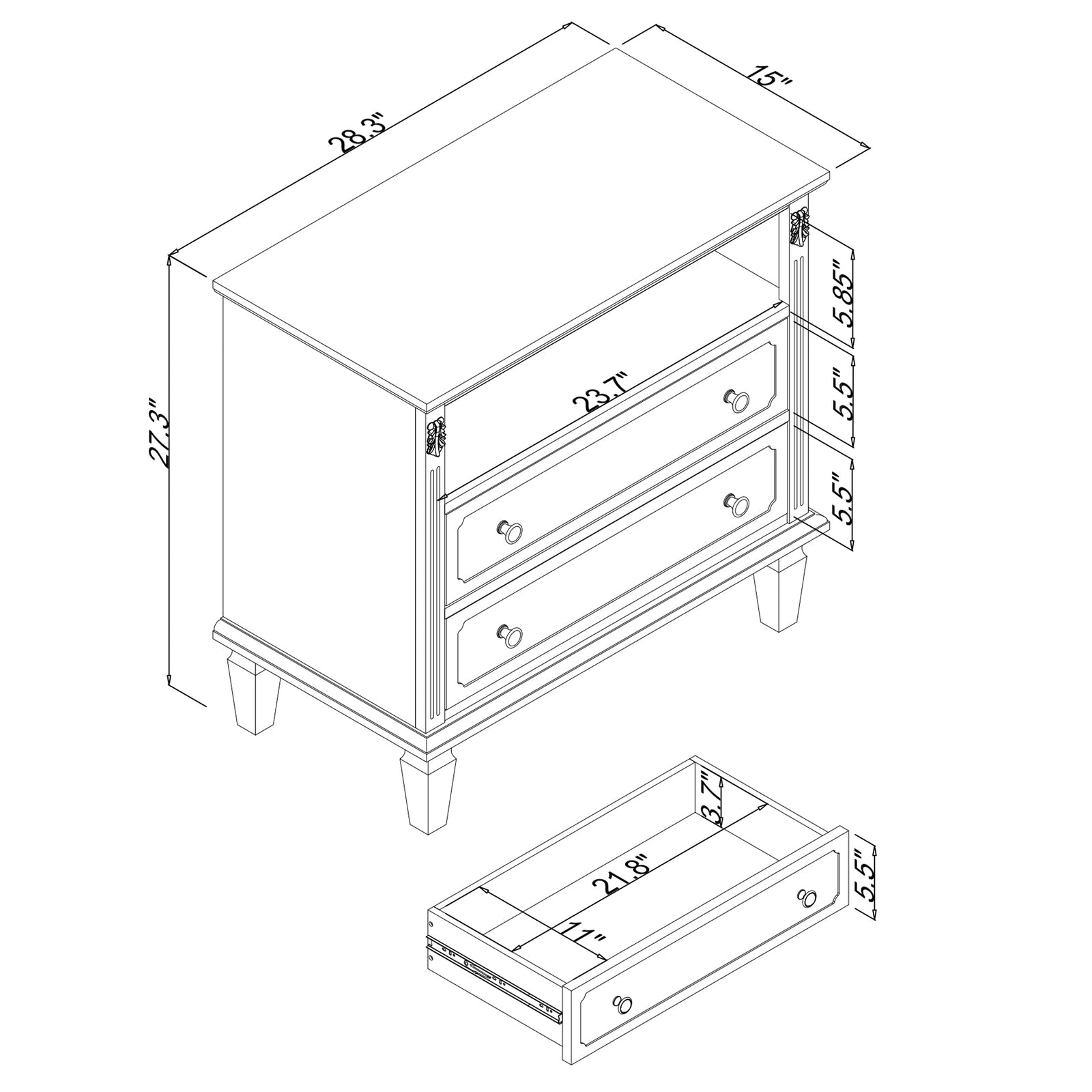 Nøordka Light Dresser Default 30" Black Open Space 2 Drawers Dresser Nightstand with Charging