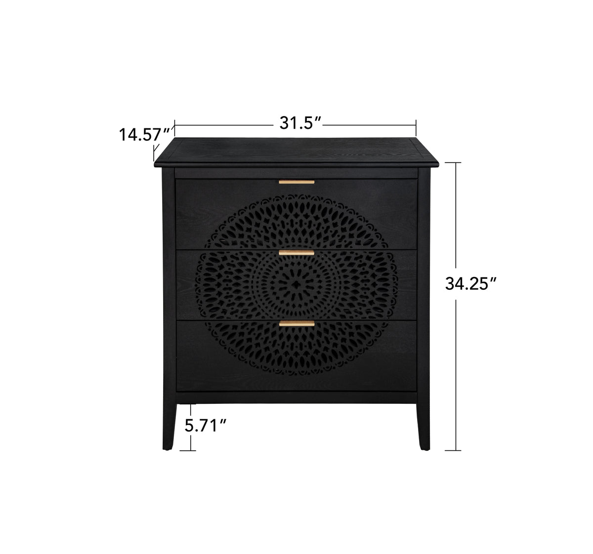 Nøordka Light Dresser Default 32" Black Hollow-Carved 3 Drawer Cabinet &amp; Dresser with Metal Handling