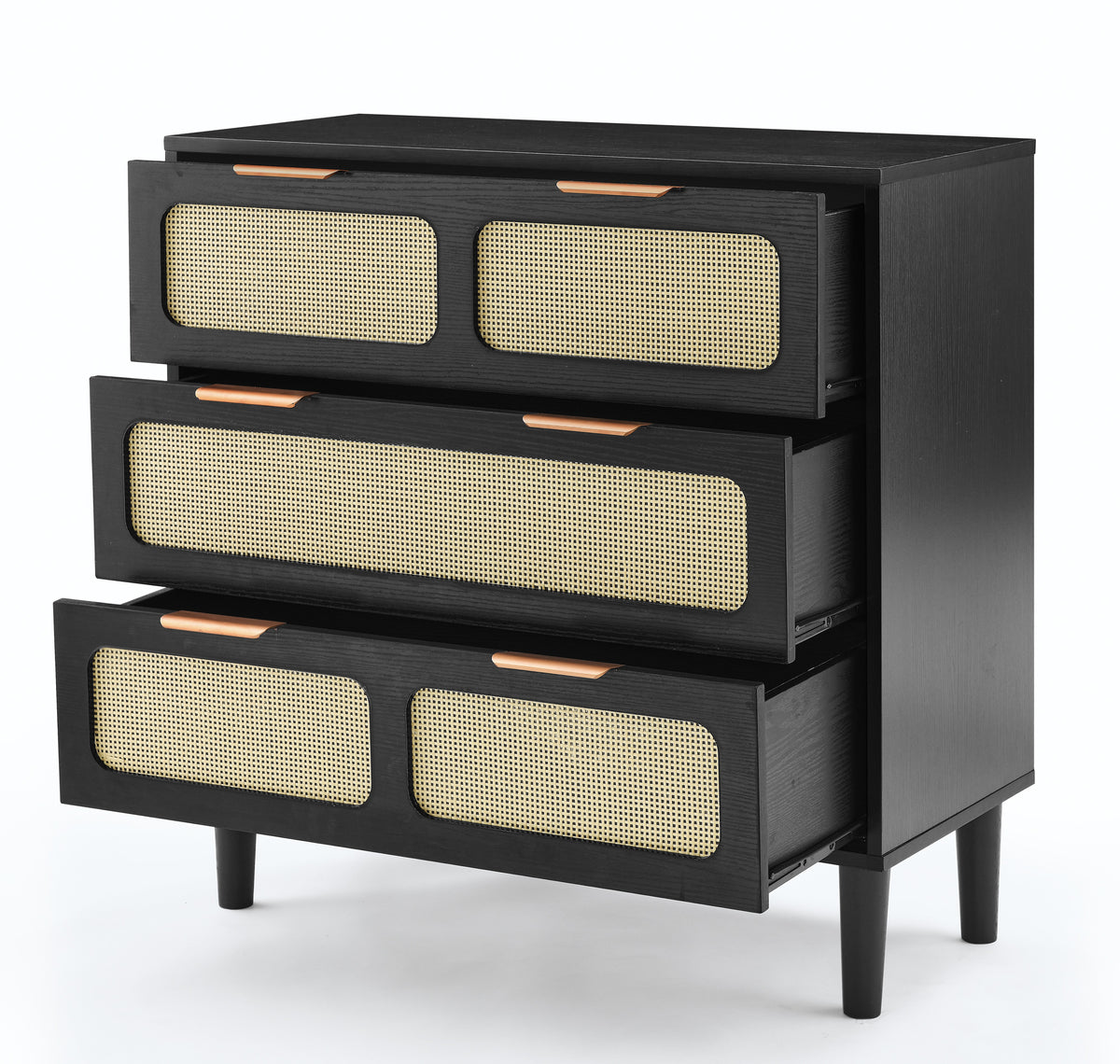 Nøordka Light Dresser Default 32" Black Mid Century Modern Rattan 3 Drawer Dresser Cabinet