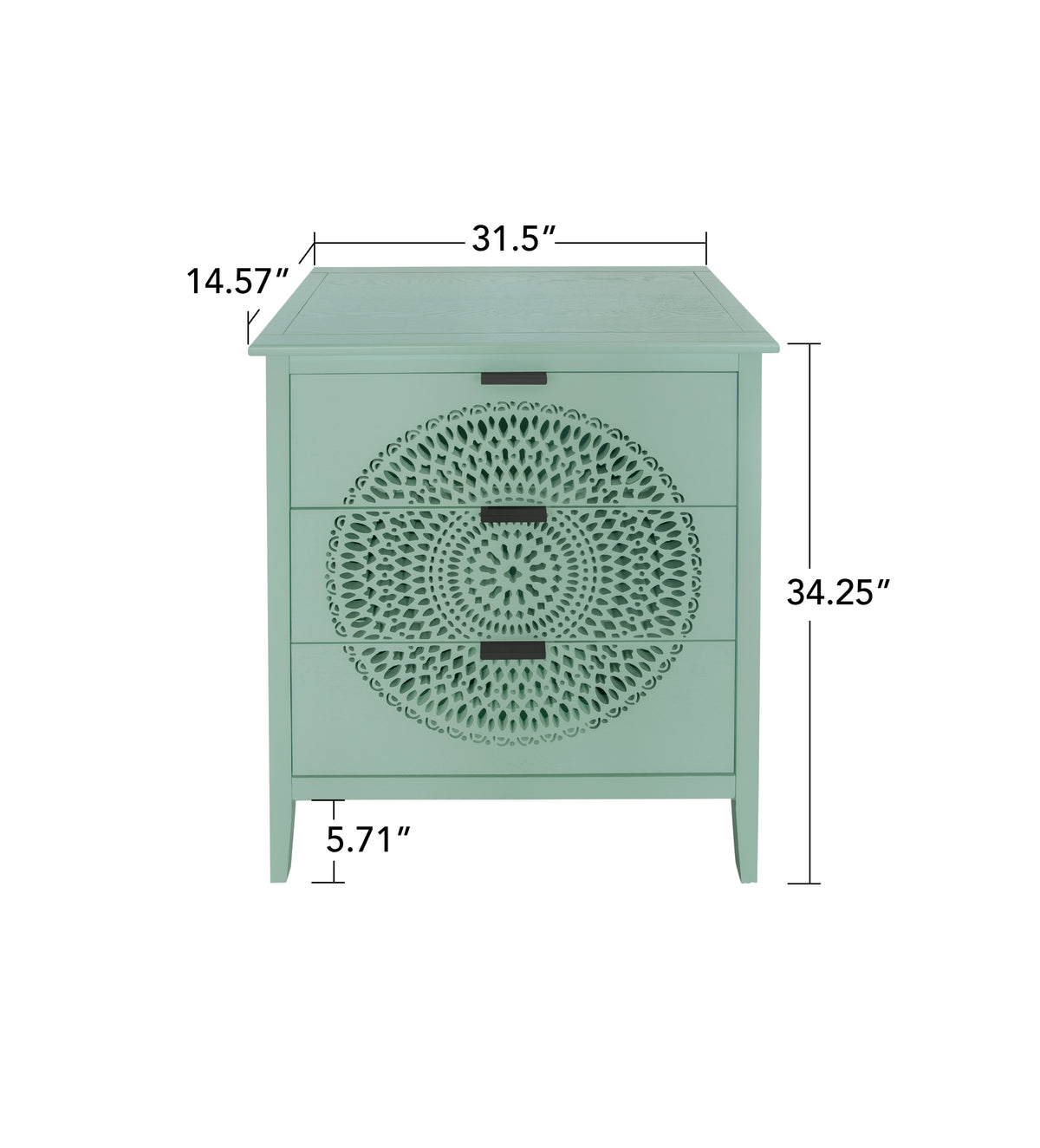 Nøordka Light Dresser Default 32" Light Green Hollow-Carved 3 Drawer Cabinet Dresser with Metal Handling