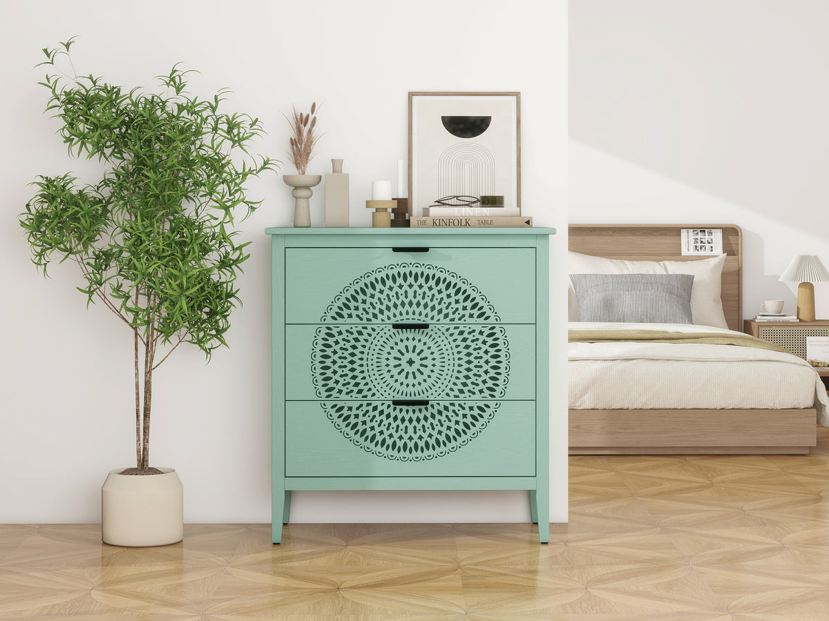 Nøordka Light Dresser Default 32" Light Green Hollow-Carved 3 Drawer Cabinet Dresser with Metal Handling