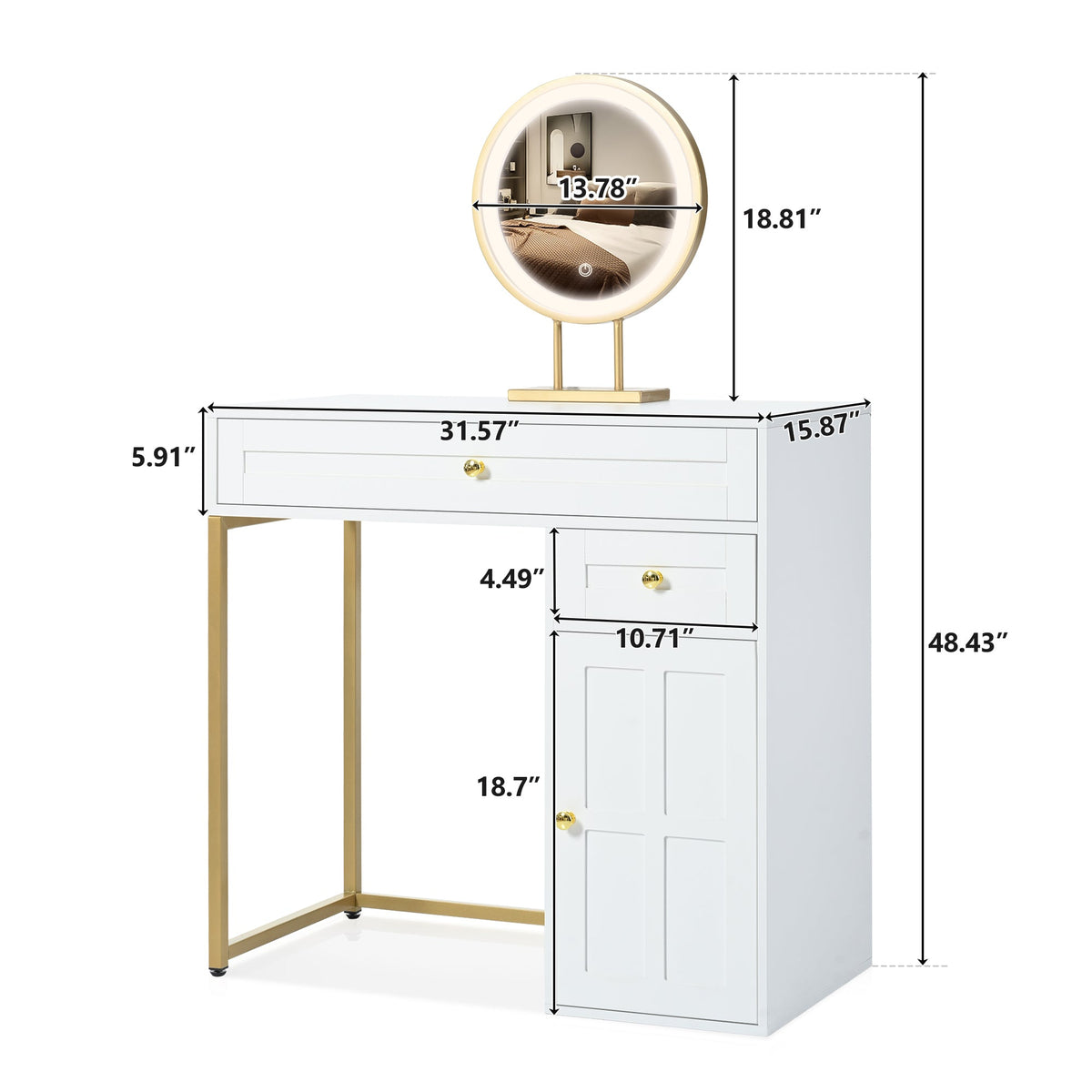 Nøordka Light Dresser Default 32" White-Gold Makeup Vanity Desk with Lit Mirror &amp; Storage
