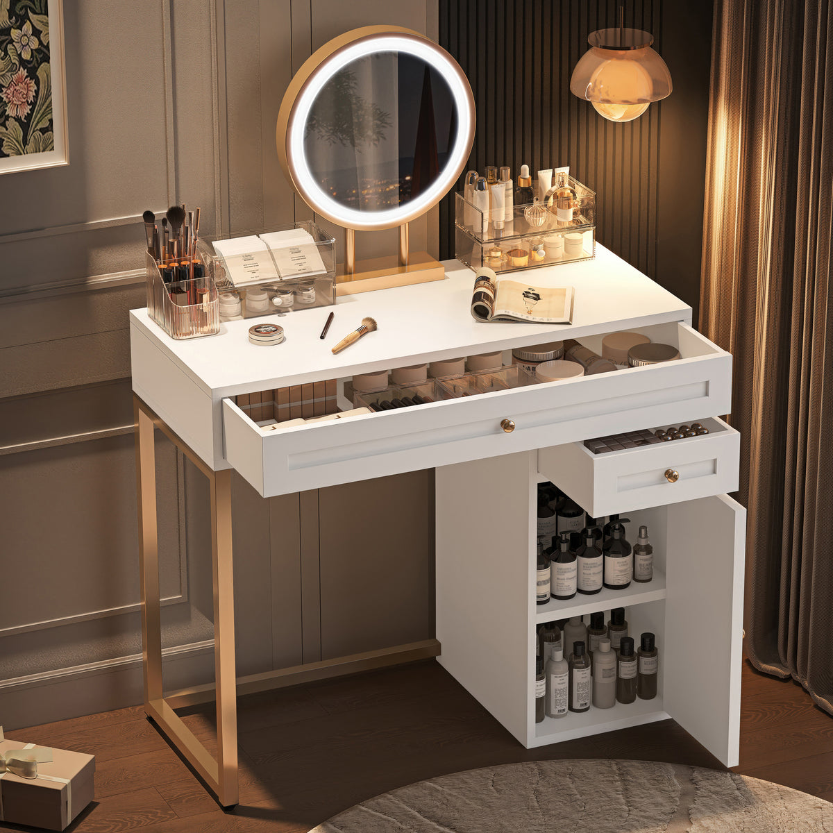 Nøordka Light Dresser Default 32" White-Gold Makeup Vanity Desk with Lit Mirror &amp; Storage