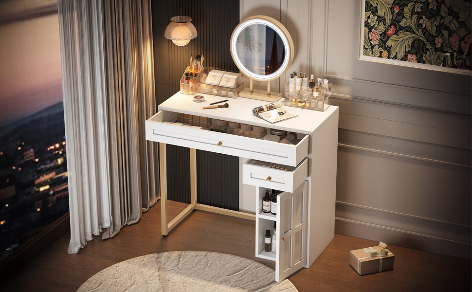 Nøordka Light Dresser Default 32" White-Gold Makeup Vanity Desk with Lit Mirror &amp; Storage