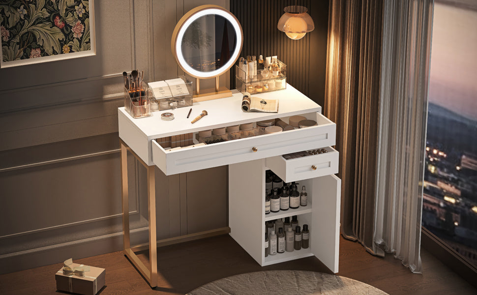 Nøordka Light Dresser Default 32" White-Gold Makeup Vanity Desk with Lit Mirror &amp; Storage