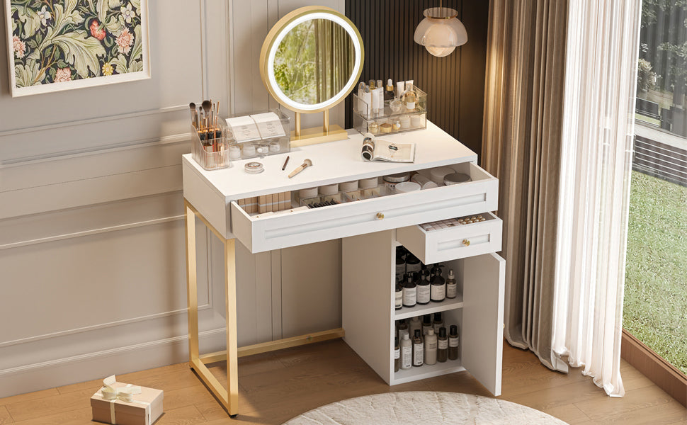 Nøordka Light Dresser Default 32" White-Gold Makeup Vanity Desk with Lit Mirror & Storage