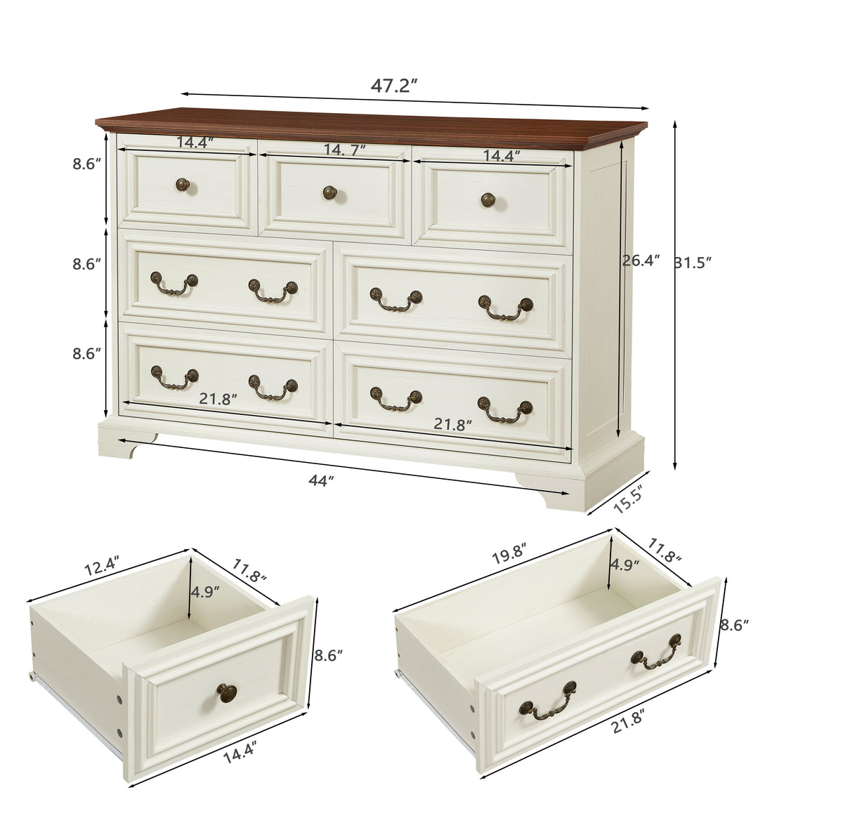 Nøordka Light Dresser Default 50" Antique White Farmhouse 7 Drawer Chest of Drawers