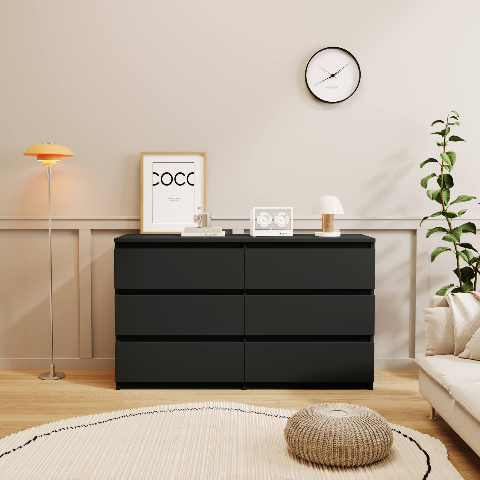 Nøordka Light Dresser Default 50" Black 6 Drawer Chest of Drawers & Dresser Table