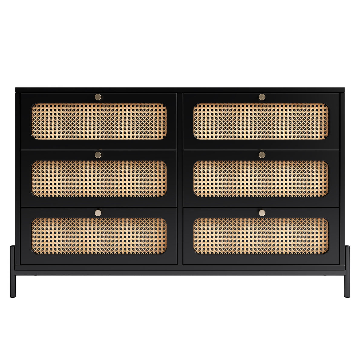 Nøordka Light Dresser Default 50" Black Mid Century Modern Cannage Rattan Wood 6-Drawer Dresser