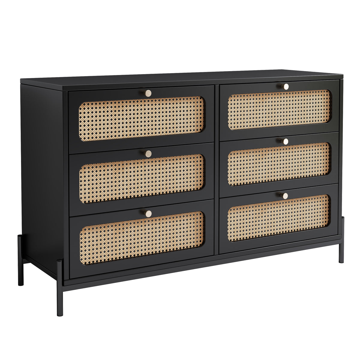 Nøordka Light Dresser Default 50" Black Mid Century Modern Cannage Rattan Wood 6-Drawer Dresser