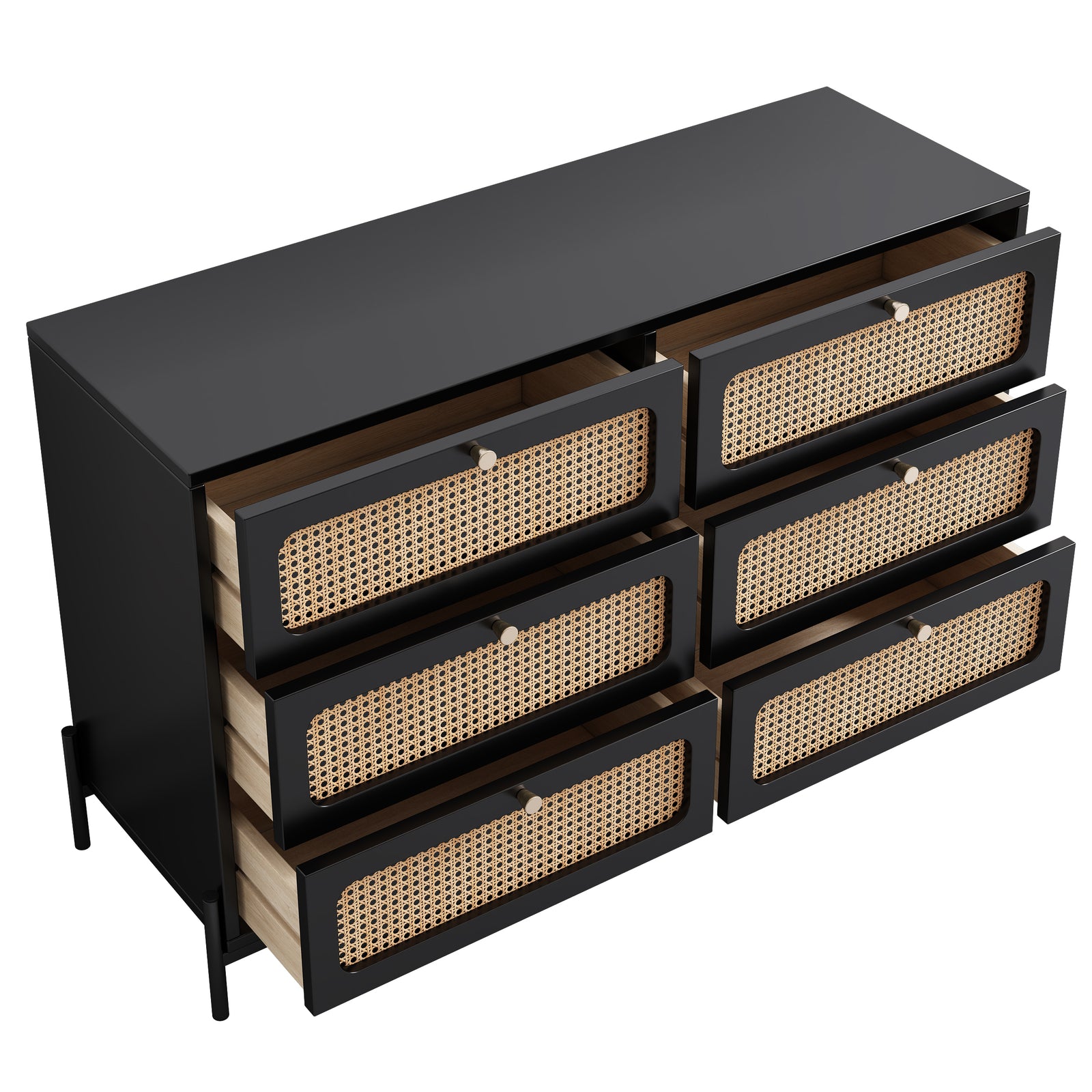 Nøordka Light Dresser Default 50" Black Mid Century Modern Cannage Rattan Wood 6-Drawer Dresser