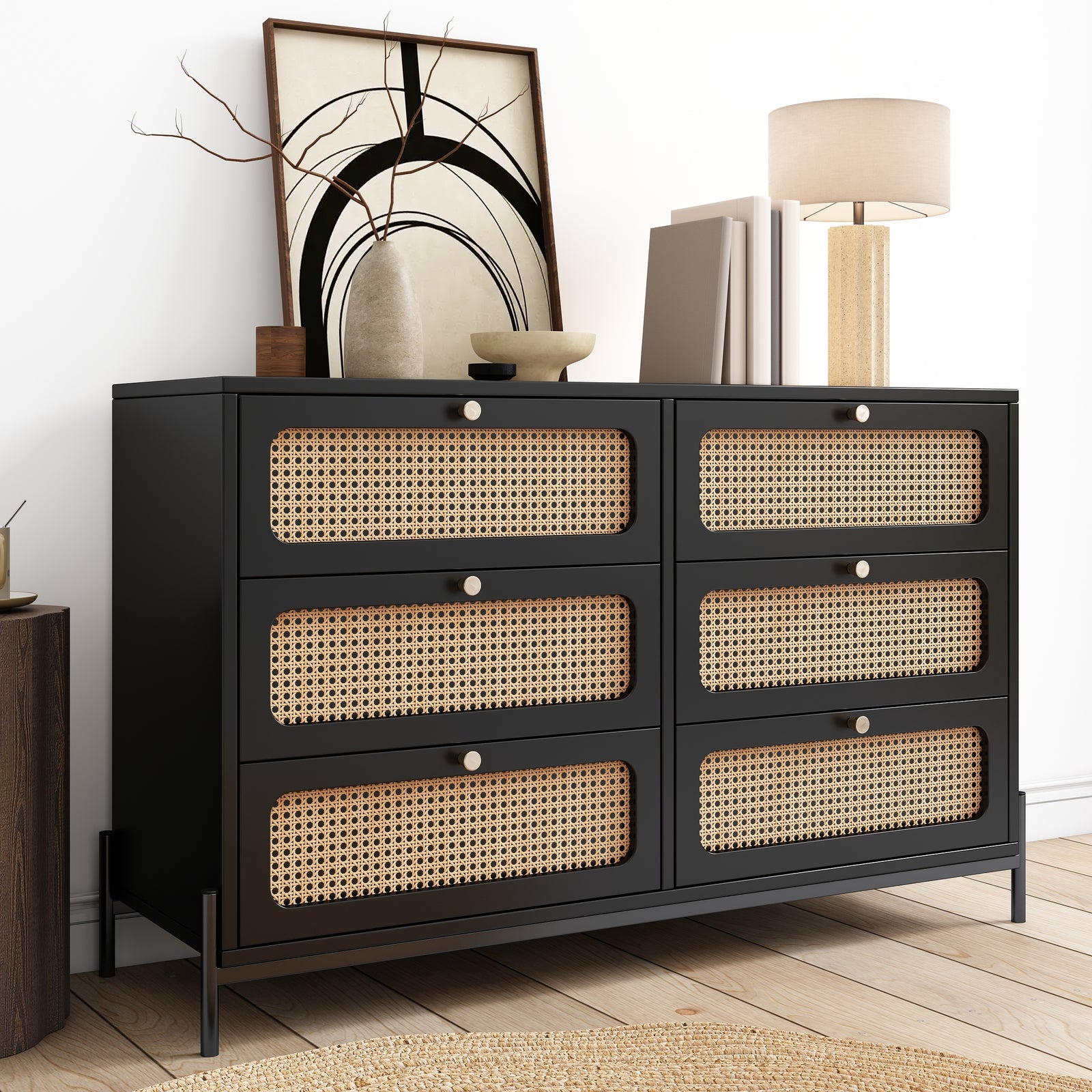 Nøordka Light Dresser Default 50" Black Mid Century Modern Cannage Rattan Wood 6-Drawer Dresser