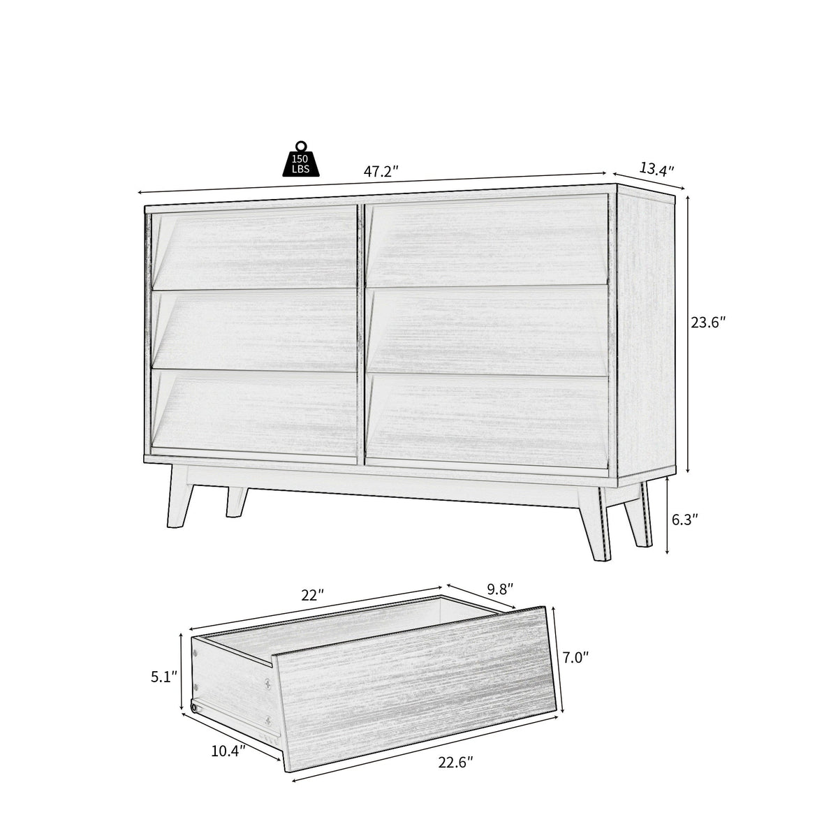 Nøordka Light Dresser Default 50" Brown Vintage 6 Drawer Double Dresser with Bevel Pattern