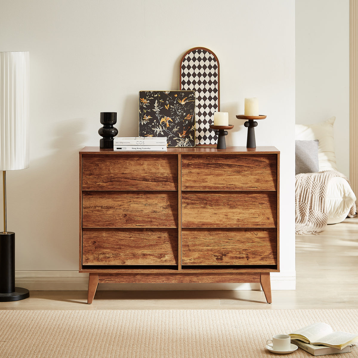 Nøordka Light Dresser Default 50" Brown Vintage 6 Drawer Double Dresser with Bevel Pattern