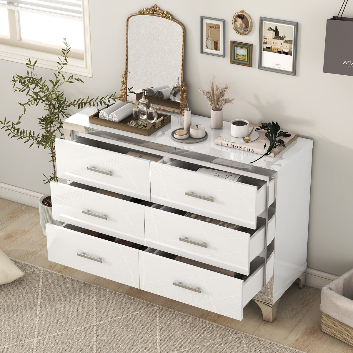 Nøordka Light Dresser Default 50" Gloss White Dresser with Metal Handling