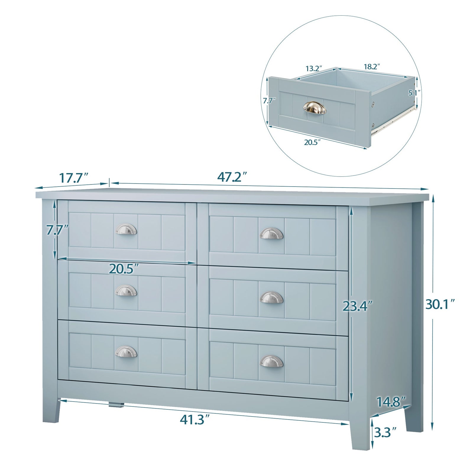 Nøordka Light Dresser Default 50" Grayish Blue Solid Wood Drawer Dresser Cabinet