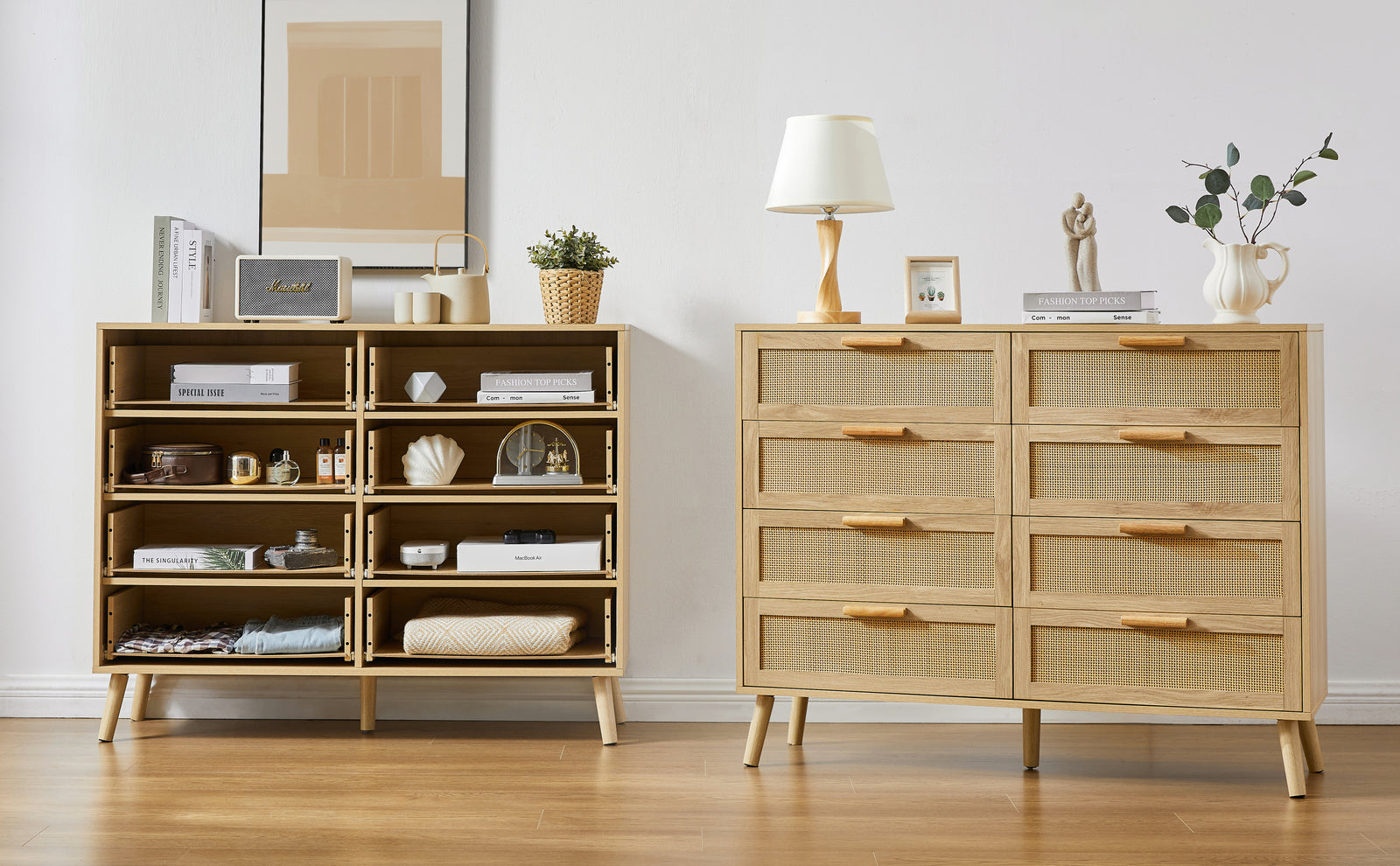 Nøordka Light Dresser Default 50" Natural 8 Drawer Bedroom Dresser with Rattan Drawers