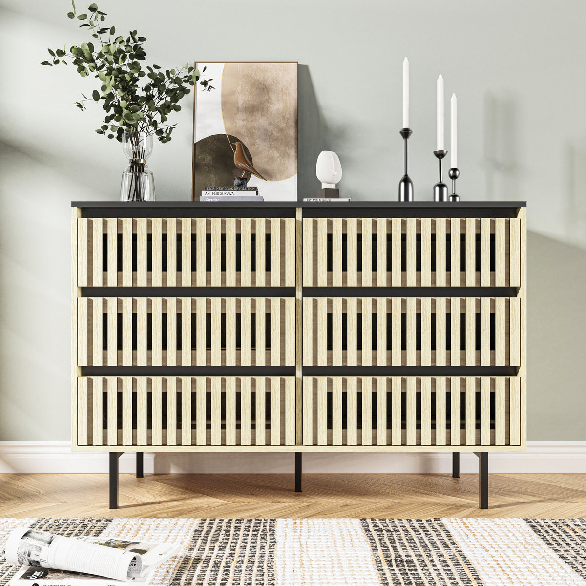 Nøordka Light Dresser Default 50" Natural &amp; Black Minimalist Six Drawer Cabinet