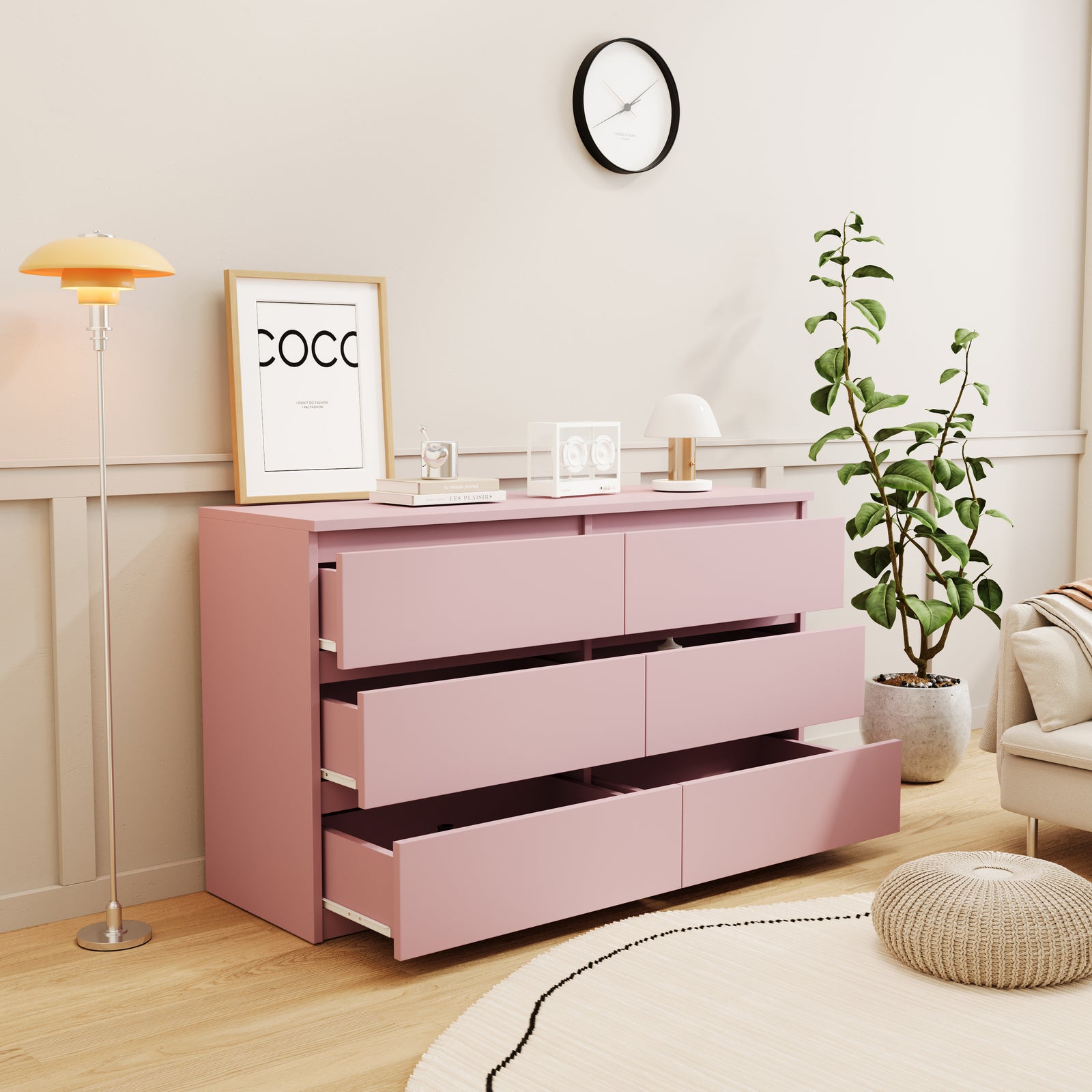 50" Pink 6 Drawers Chest Of Drawers & Dresser Table