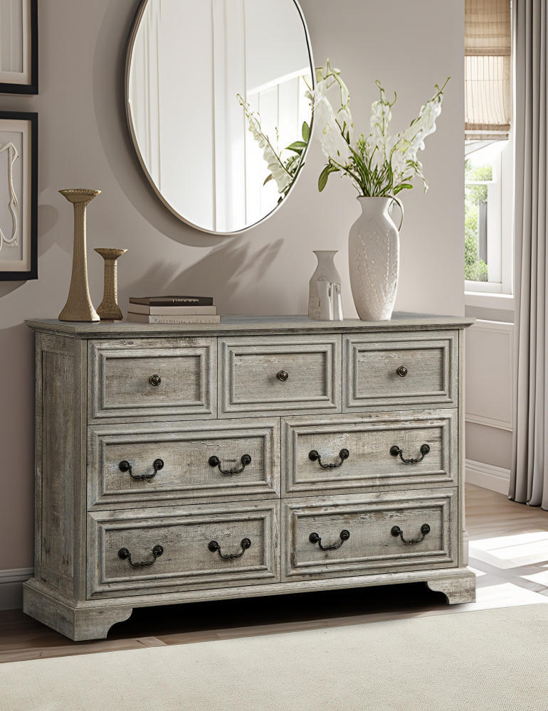 Nøordka Light Dresser Default 50" Rustic White Farmhouse 7 Drawer Dresser Chest with Vintage Natural Texture
