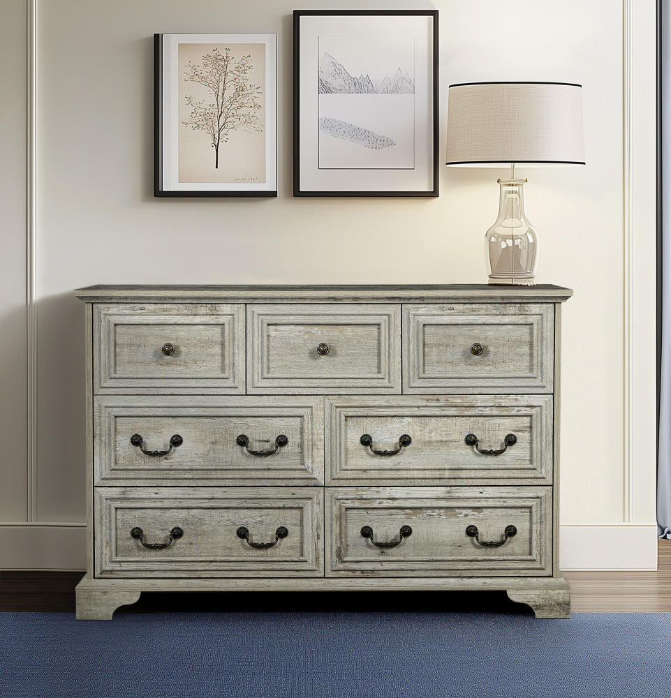 Nøordka Light Dresser Default 50" Rustic White Farmhouse 7 Drawer Dresser Chest with Vintage Natural Texture