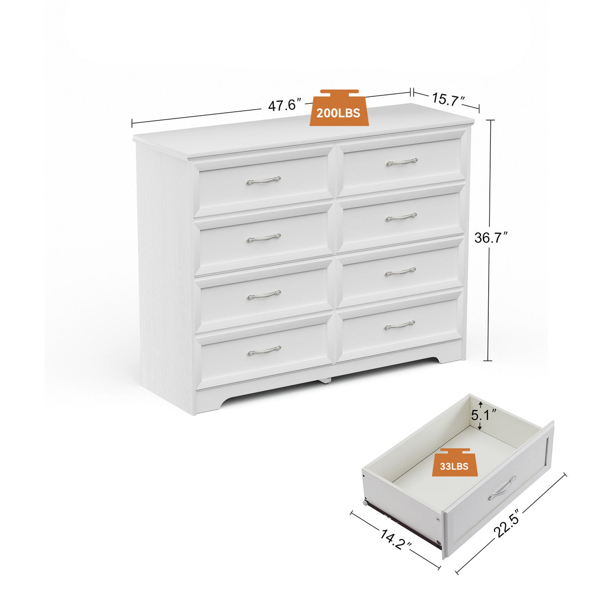 Nøordka Light Dresser Default 50" White Mid Century Modern 3 Drawer Bedroom Chest