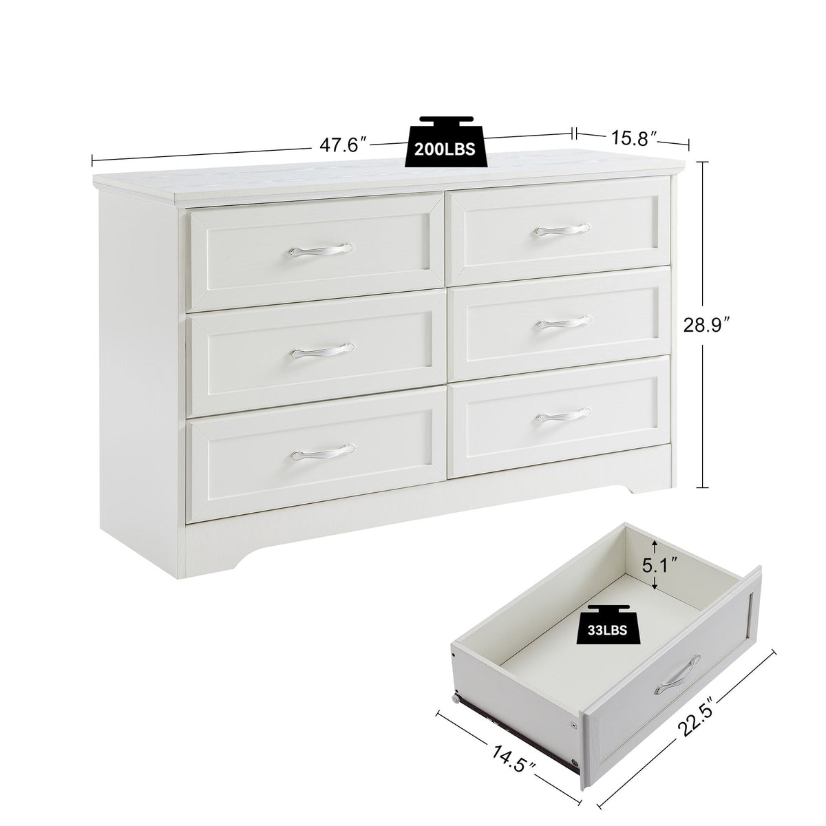 Nøordka Light Dresser Default 50" White Mid Century Modern 3 Drawer Bedroom Chest