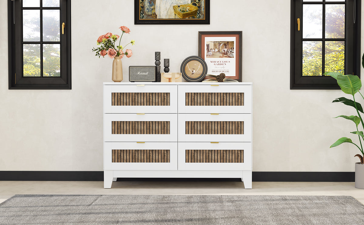 Nøordka Light Dresser Default 50" White Rustic Farmhouse Style Wooden 6 Drawers Dresser